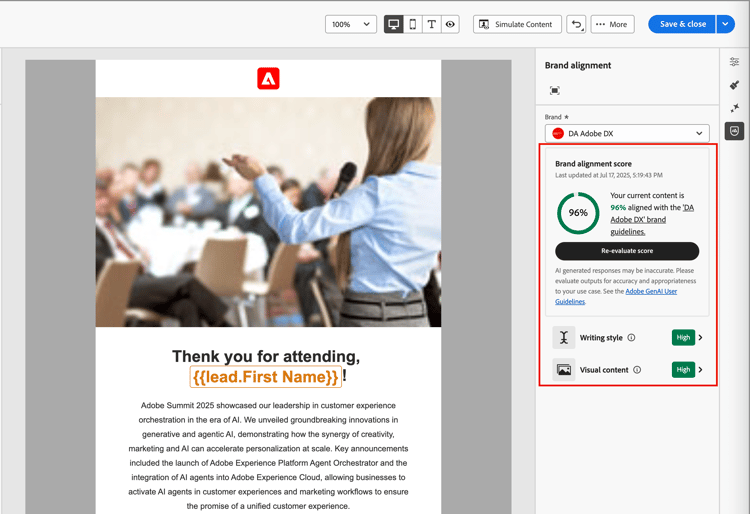 Brand alignment evaluation score