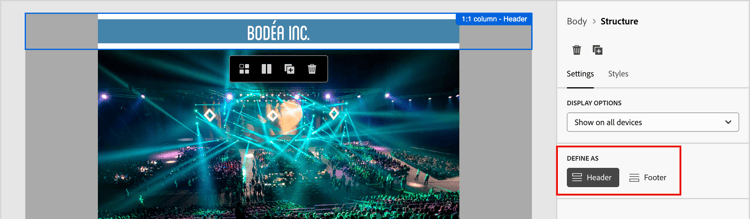 Structure component set as the header