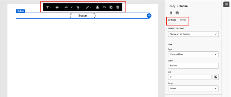 Define the settings and styles for the content component