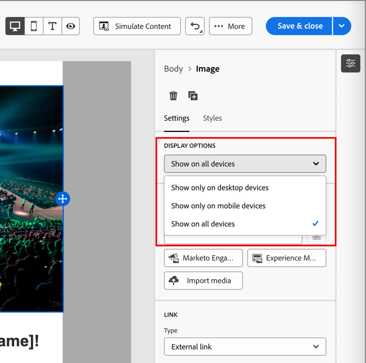 Display options for content component
