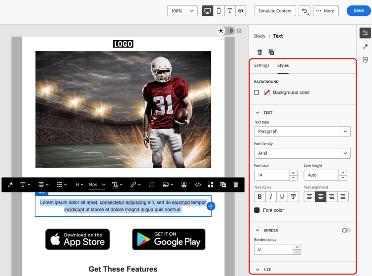 Text component Styles tab showing font, size, and color options