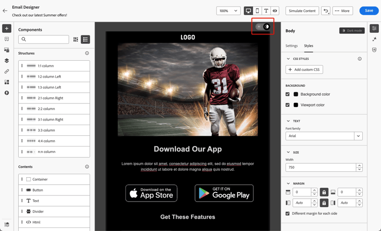 Email preview comparing light mode and dark mode rendering
