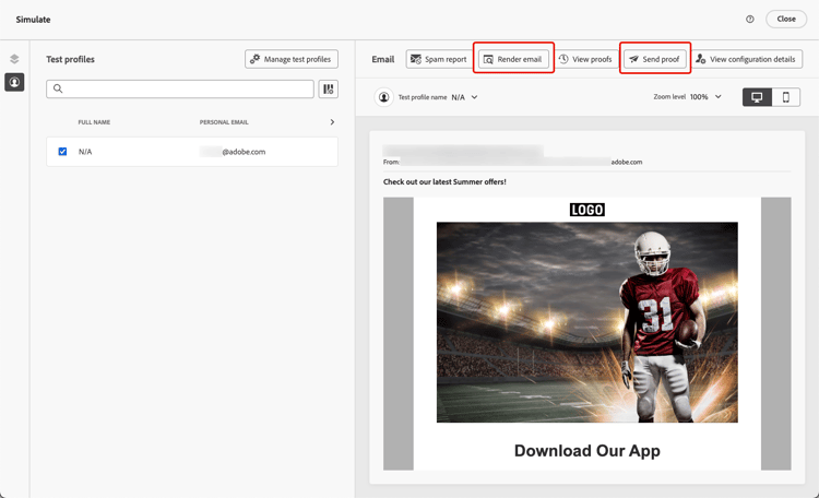 Content simulation interface with test profile preview options