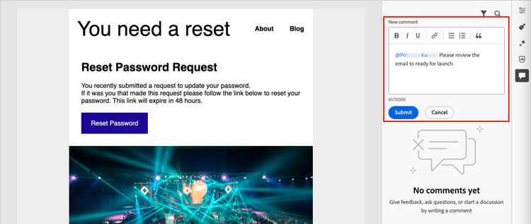 Email collaboration invite interface for adding reviewers and submitting feedback