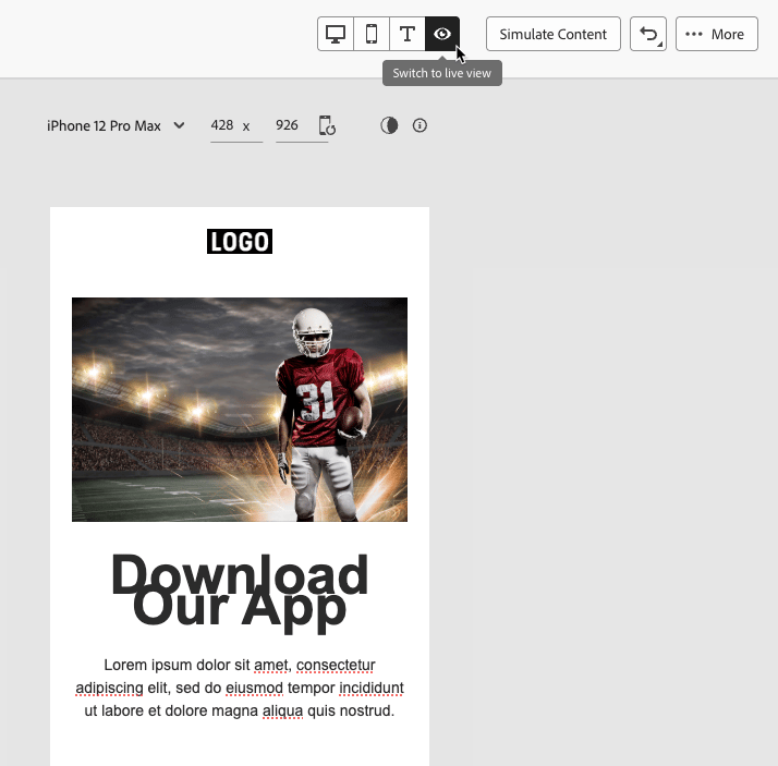 Live view toggle showing desktop, tablet, and mobile preview options