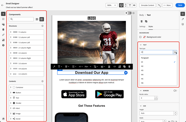Email Designer showing structure and content components for organized layouts