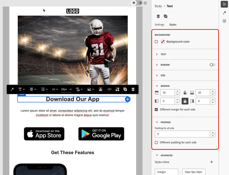 Styles pane with background, margins, padding, and alignment settings