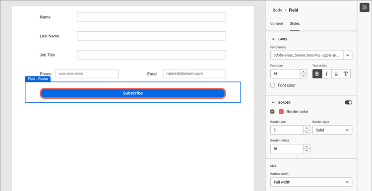 Set the label, border, and size styles for the form button