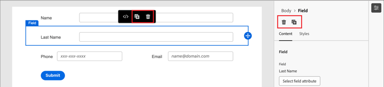 Delete and duplicate icons for form fields