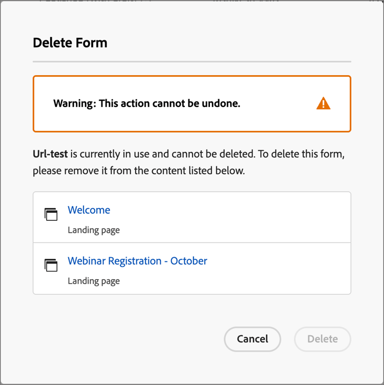 Delete form dialog - cannot delete in-use form