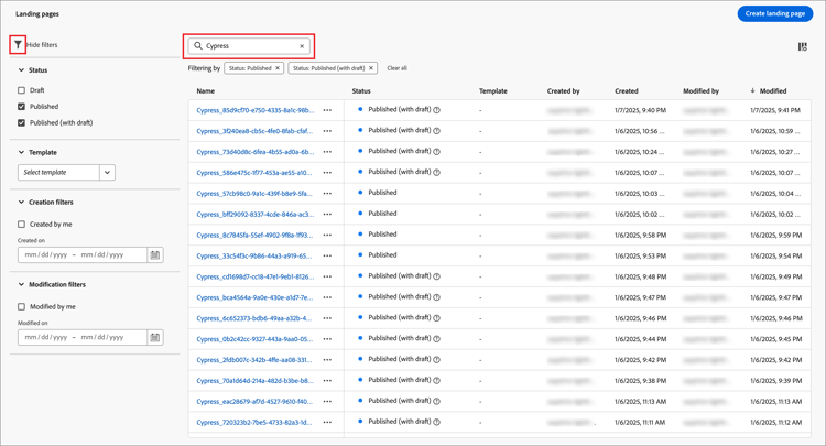 Filter the displayed landing pages