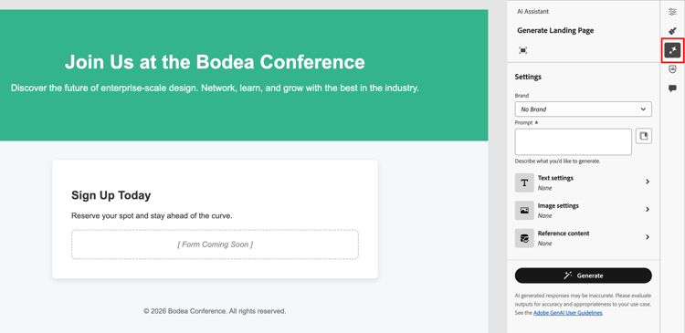 AI Assistant toggle in the landing page design space