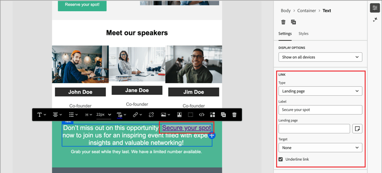 Link options for a landing page