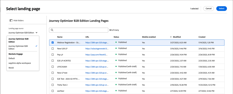 Link options for a landing page