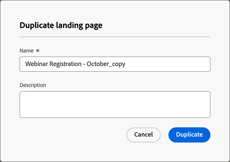 Enter a name and description for the duplicated landing page