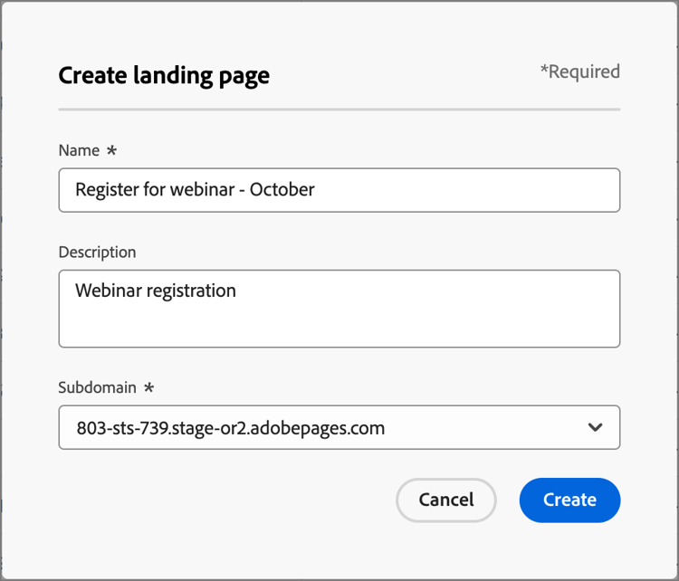 Create landing page dialog