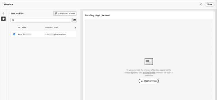 Simulate landing page content for selected profile