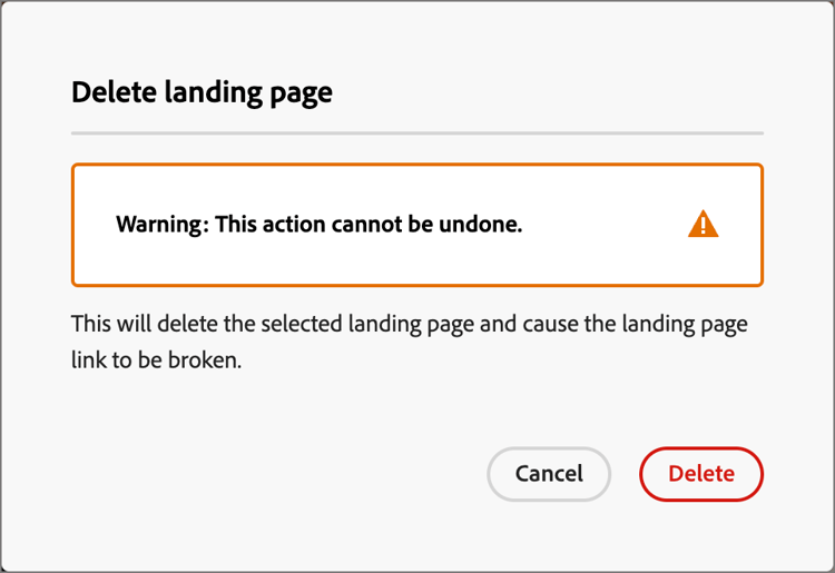 Delete landing page dialog