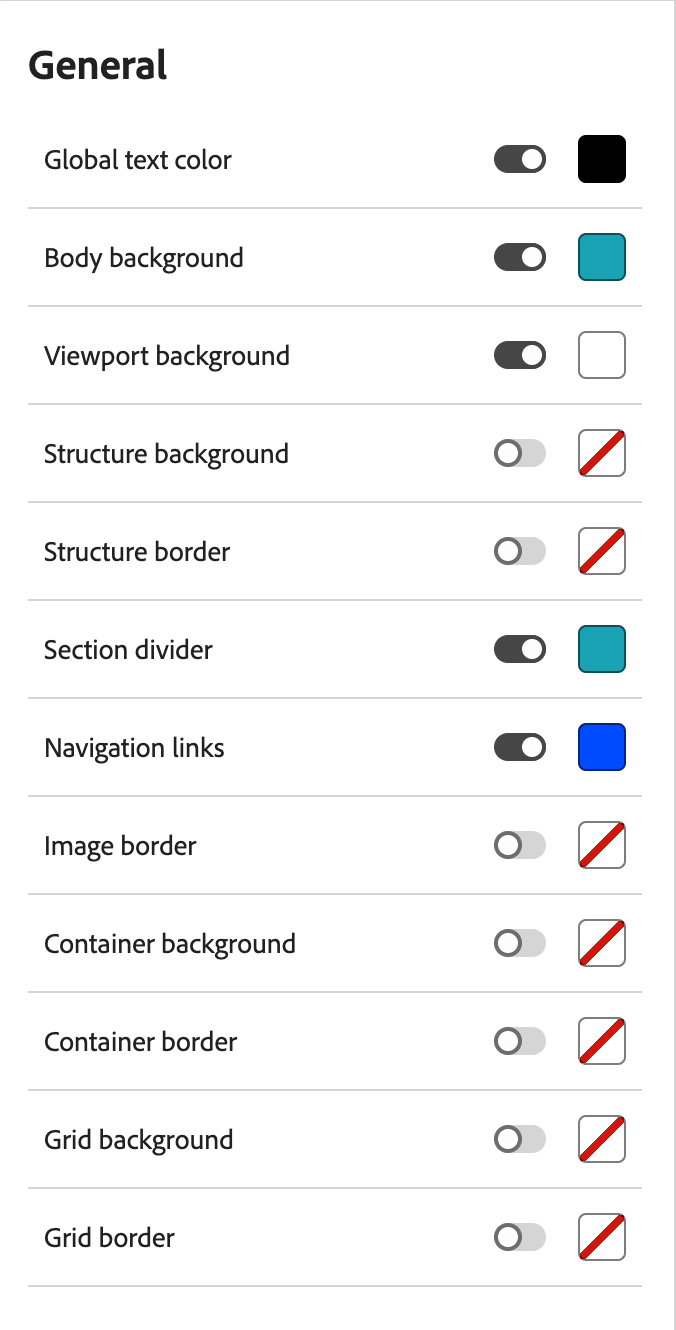 General color settings for a variant