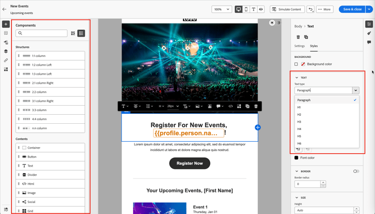 Email design space showing structure and content components for organized layouts
