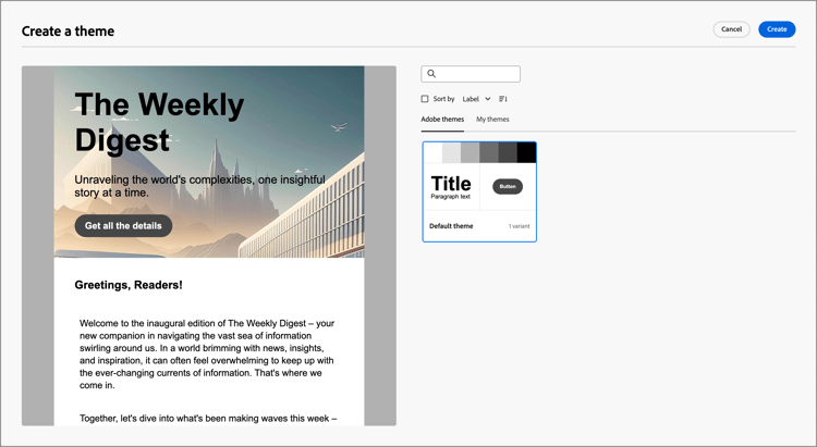 Create a theme - default theme selected