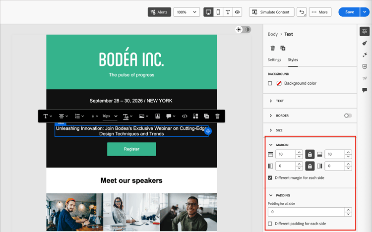 Styles pane with background, margins, padding, and alignment settings