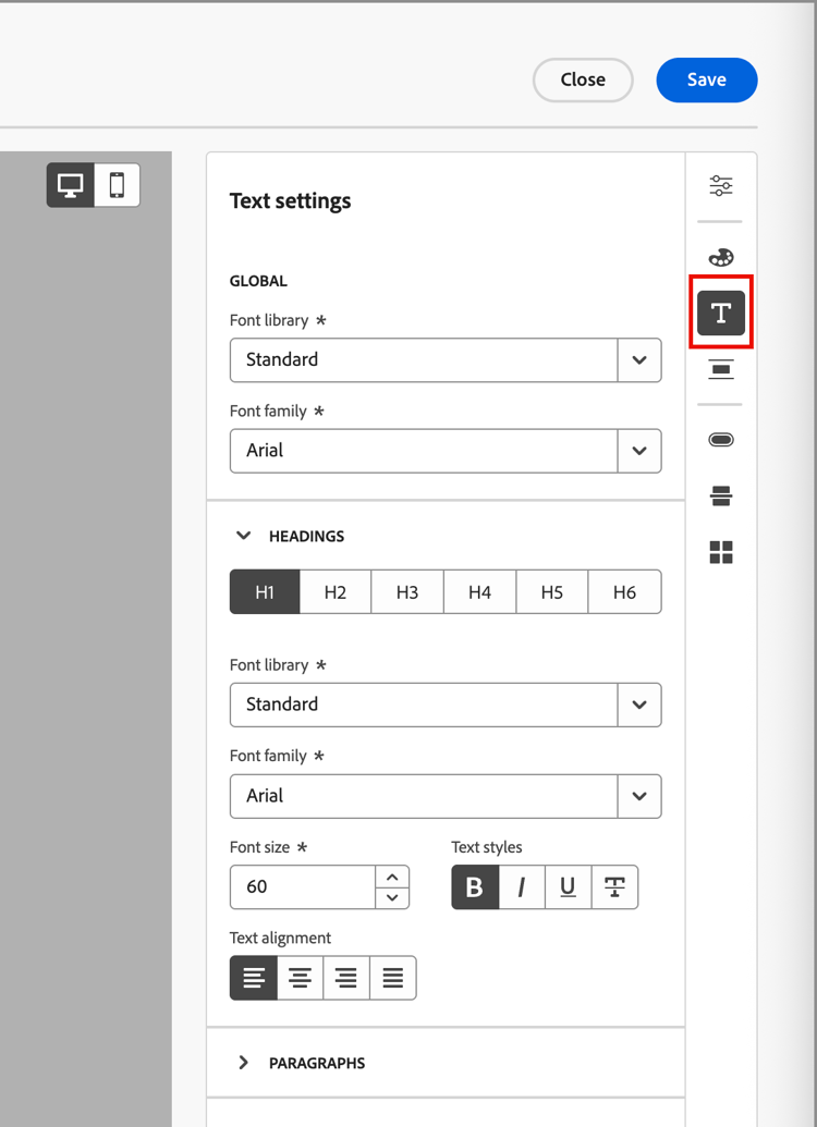 Theme text settings
