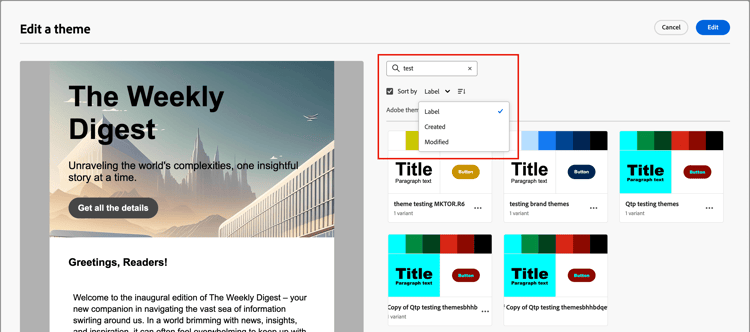 Edit a theme - filter the list of custom themes