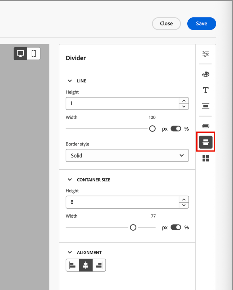 Theme divider settings