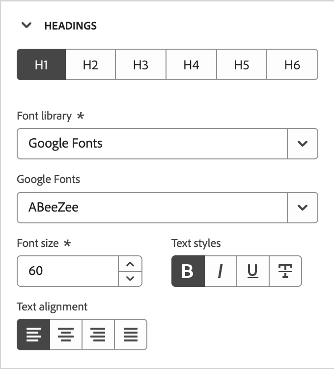 Heading text styles for H1