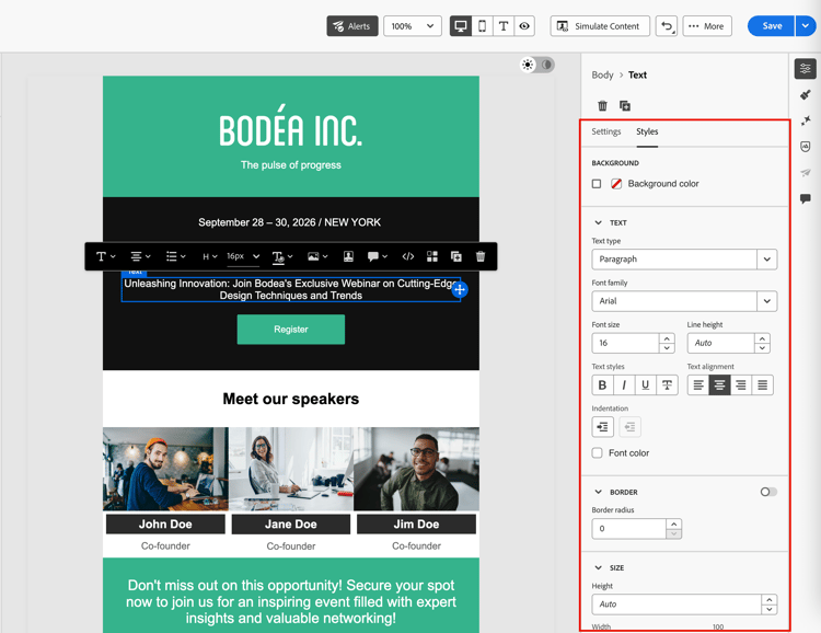 Text component Styles tab showing font, size, and color options
