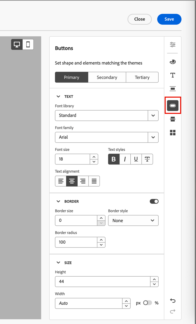 Theme buttons settings
