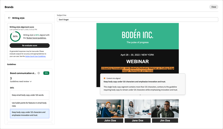 Brand alignment evaluation details in full-screen view