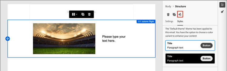 Email design space - unlock theme styles for component