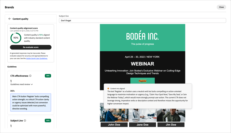 Full screen view of the content quality evaluation