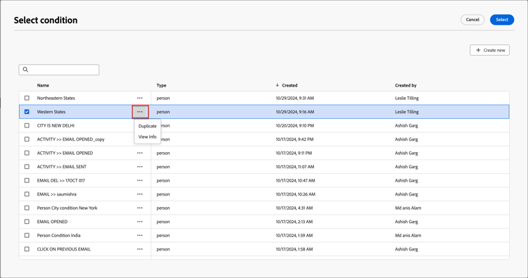 Conditions library access condition details