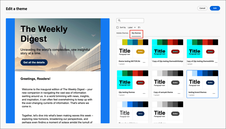 Edit a theme - select a custom theme to edit