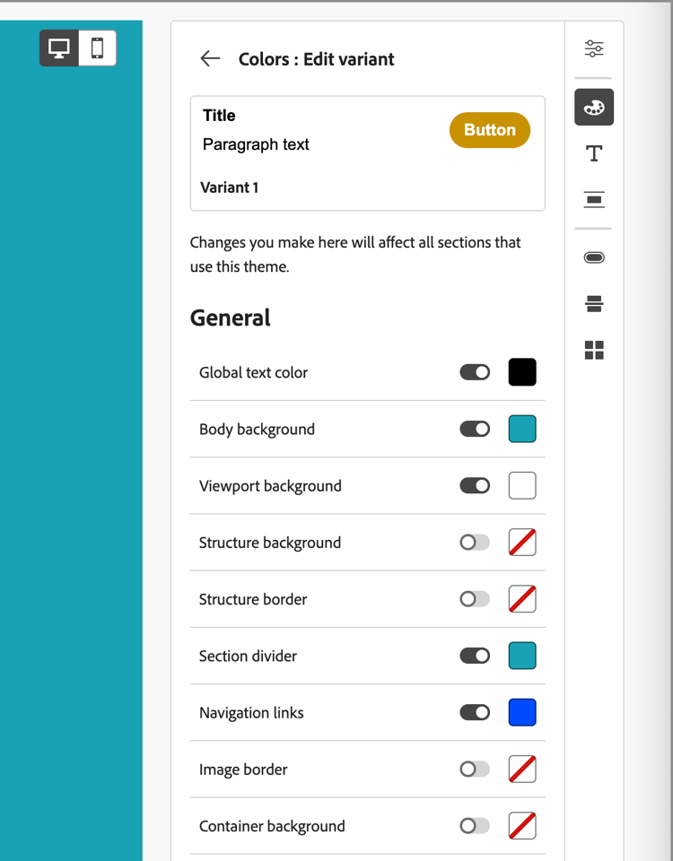 Theme colors settings - edit variant