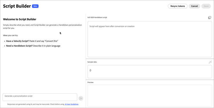 Personalization editor - Script Builder panel