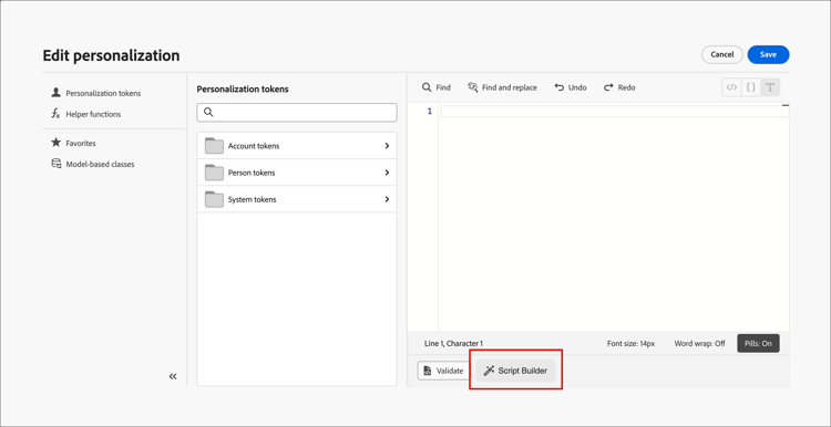 Personalization editor - select Script Builder