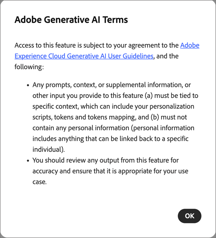 Generative AI Terms of Use agreement dialog in Script Builder
