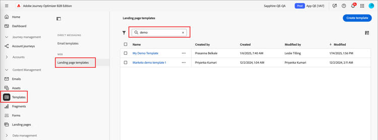 Access the landing page templates library and filter by name