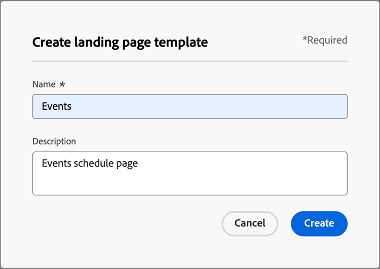 Enter initial properties for the new landing page template