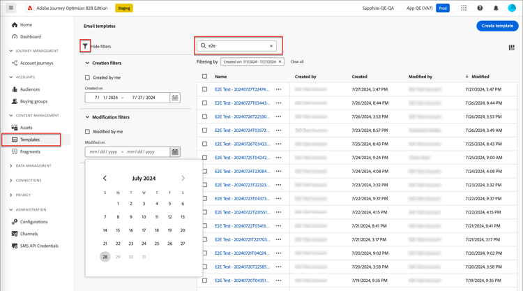 Access the email templates library and filter by name and dates