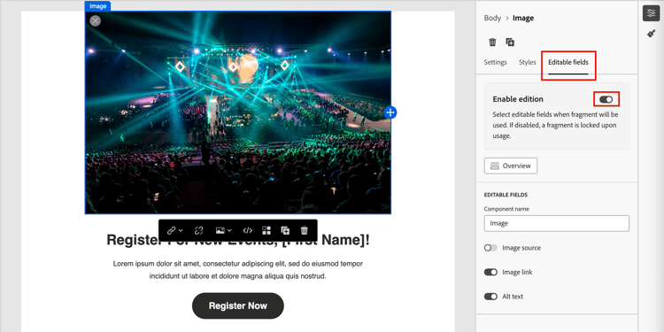 Enable editable fields for a fragment image component
