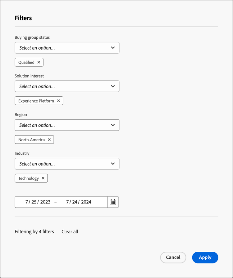 Filtering the buying group status data by attribute