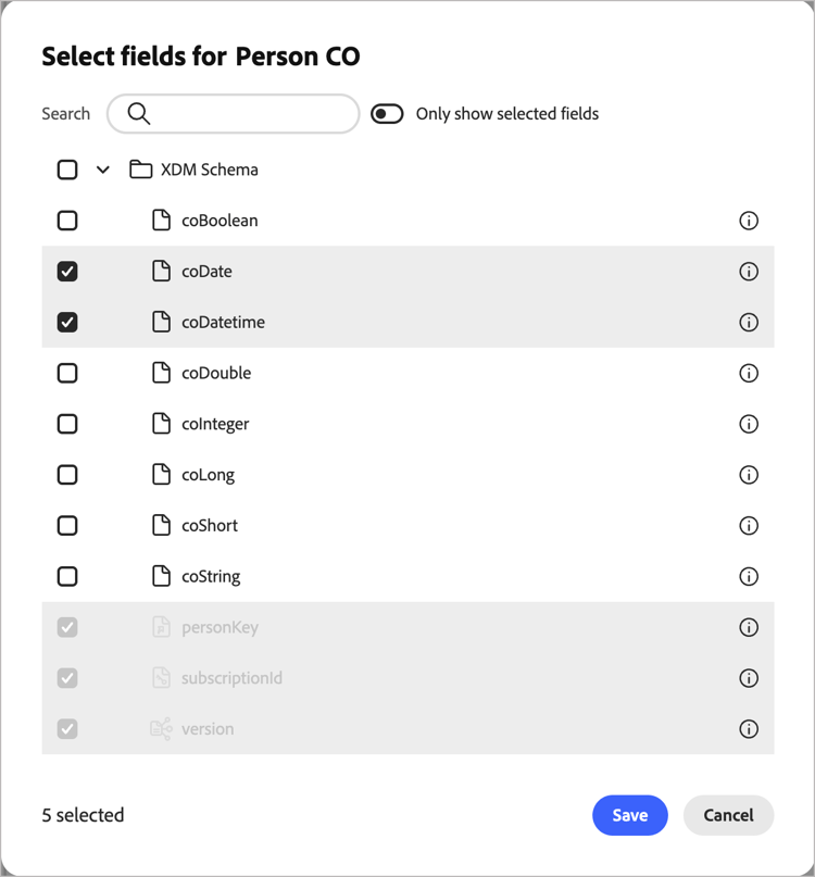 Select fields for the relational schema in the dialog