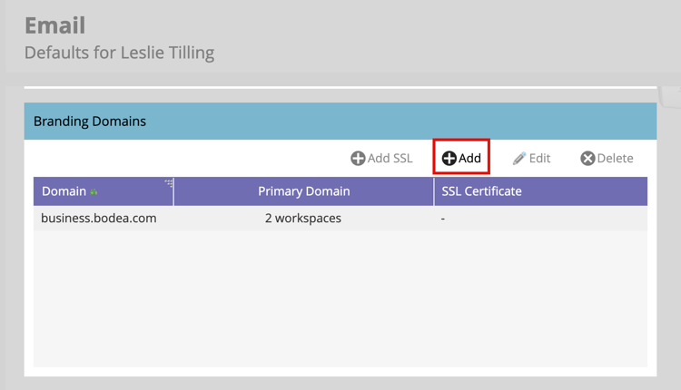 Branding Domains panel with the Add button at the top
