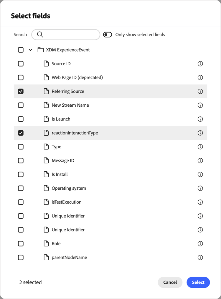 Select fields dialog