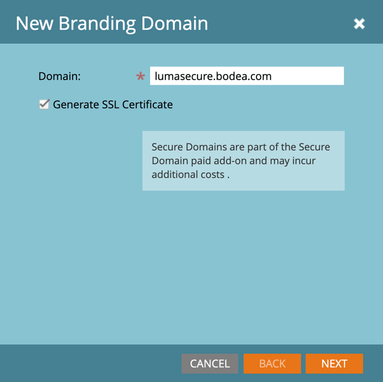 New Branding Domain dialog